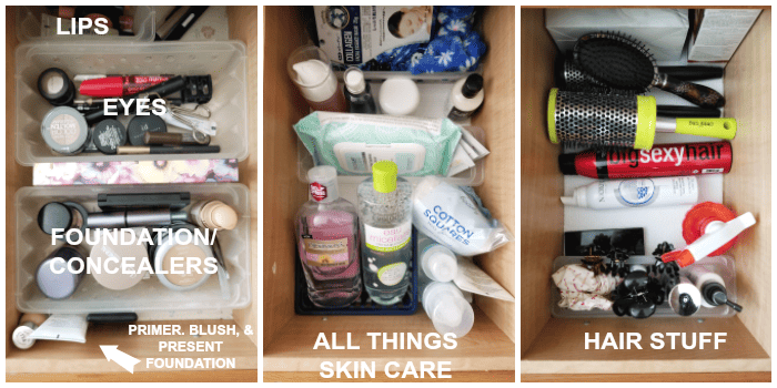 Containers in a bathroom drawer, meticulously organized and separated for skincare, makeup, and hairstyling items, offering a practical and tidy storage solution for daily beauty routines.