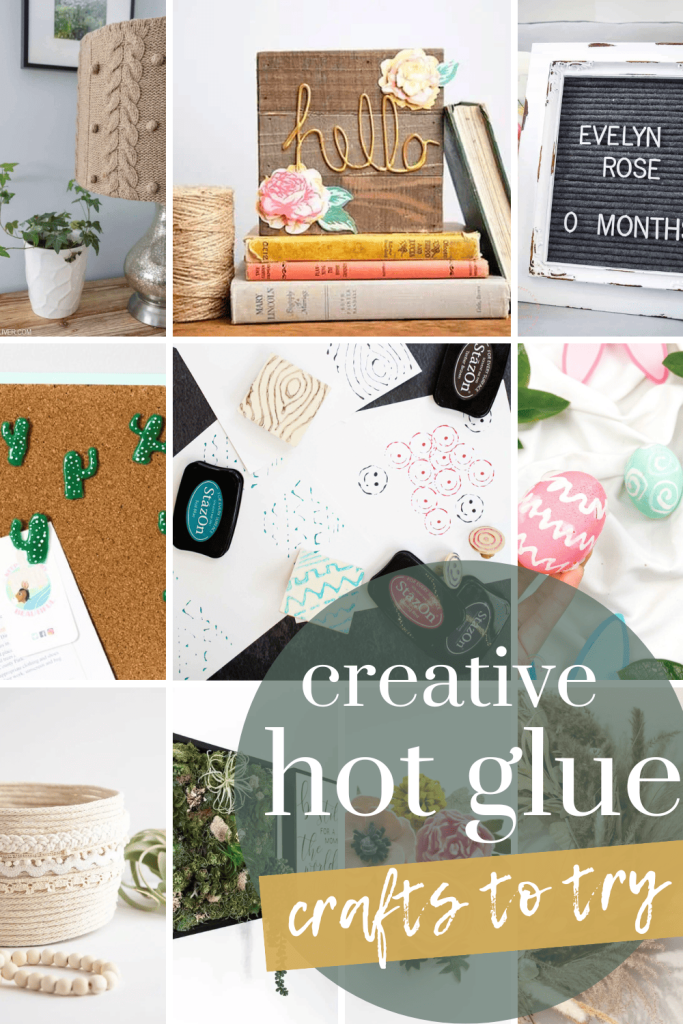 A collage of photos that show craft ideas using hot glue guns with text overlays saying "Creative hot glue crafts to try".