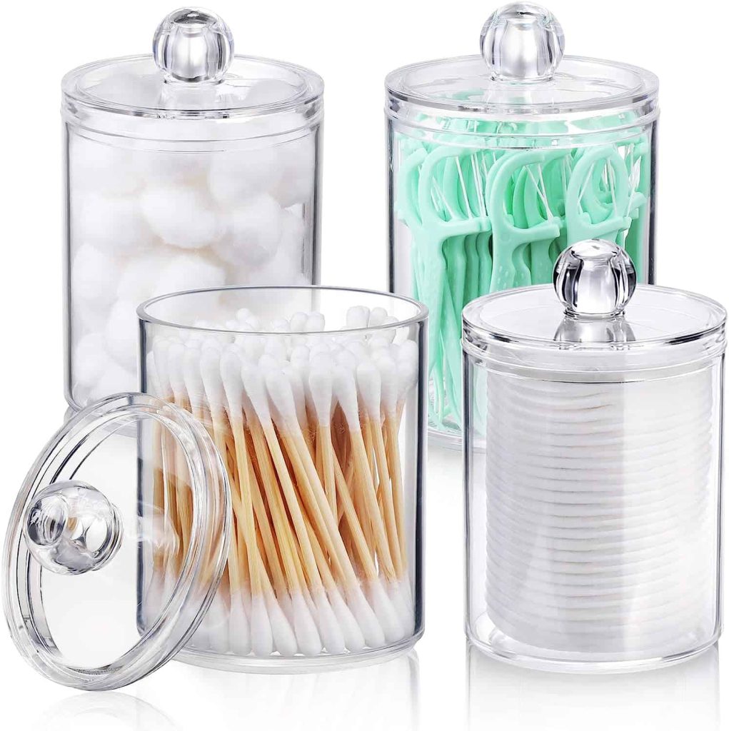 Bathroom storage canisters displayed, providing an organized and visually appealing solution for storing toiletries and maintaining a clutter-free bathroom space.