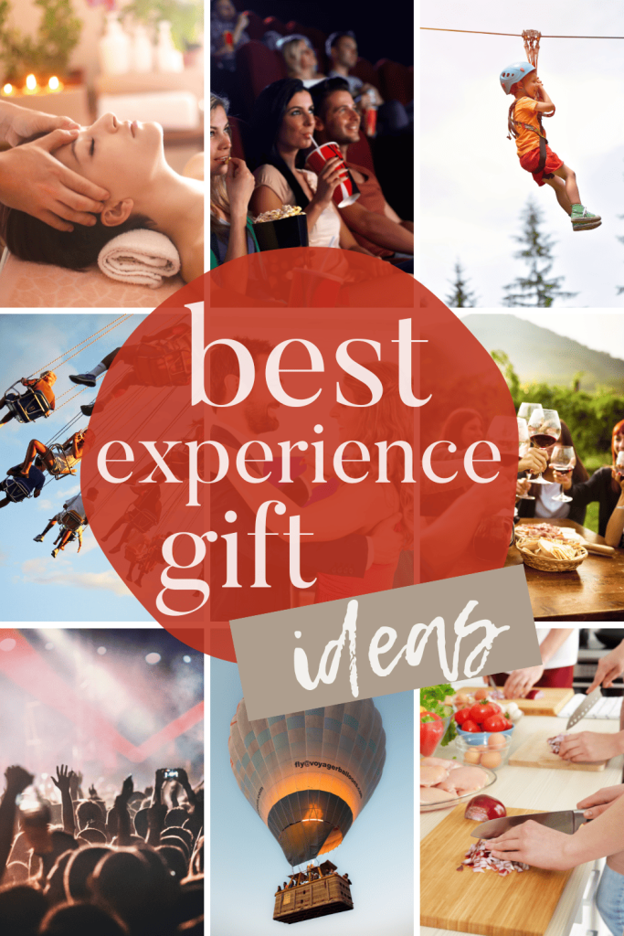 A pinterest collage of the best experience gift ideas showing massage, movie theater, ziplining, carnival rides, dancing, wine tasting, concert, hot air balloon and cooking lessons 