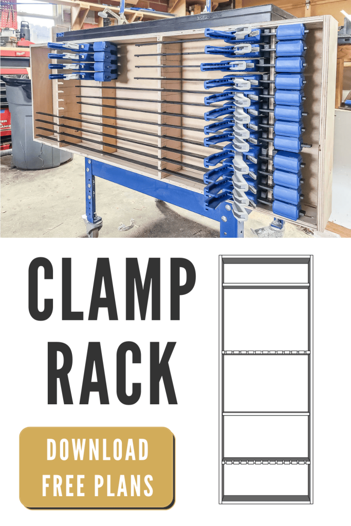 Photo of an organize DIY clamp rack with text overlays saying "Clamp rack download free plans".