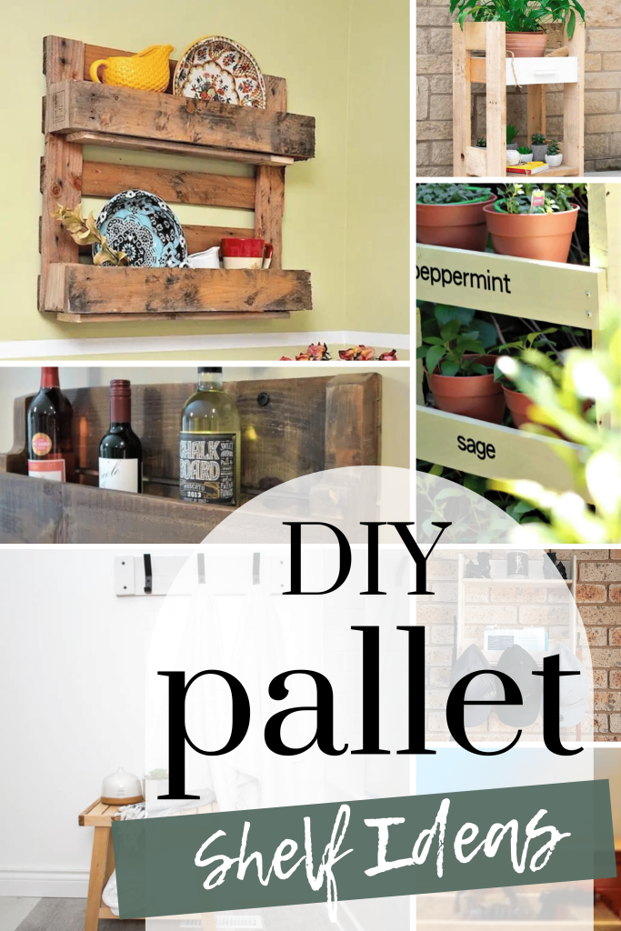 collage photo of a diy pallet shelves with text overlays saying "DIY pallet shelf ideas".