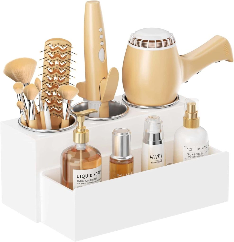 An image showcasing a hair tool organizer, designed to neatly hold and display various hairstyling tools for an efficient and clutter-free grooming space."