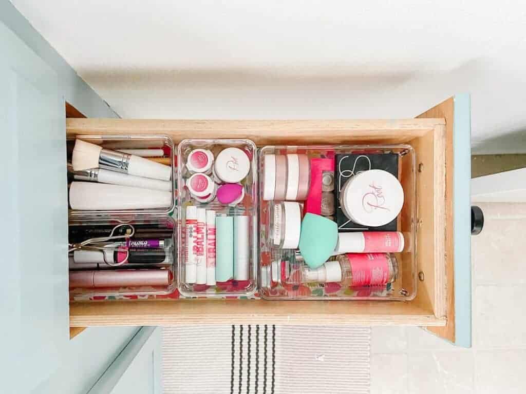 organized makeup in drawers, Emily from Small Stuff Counts