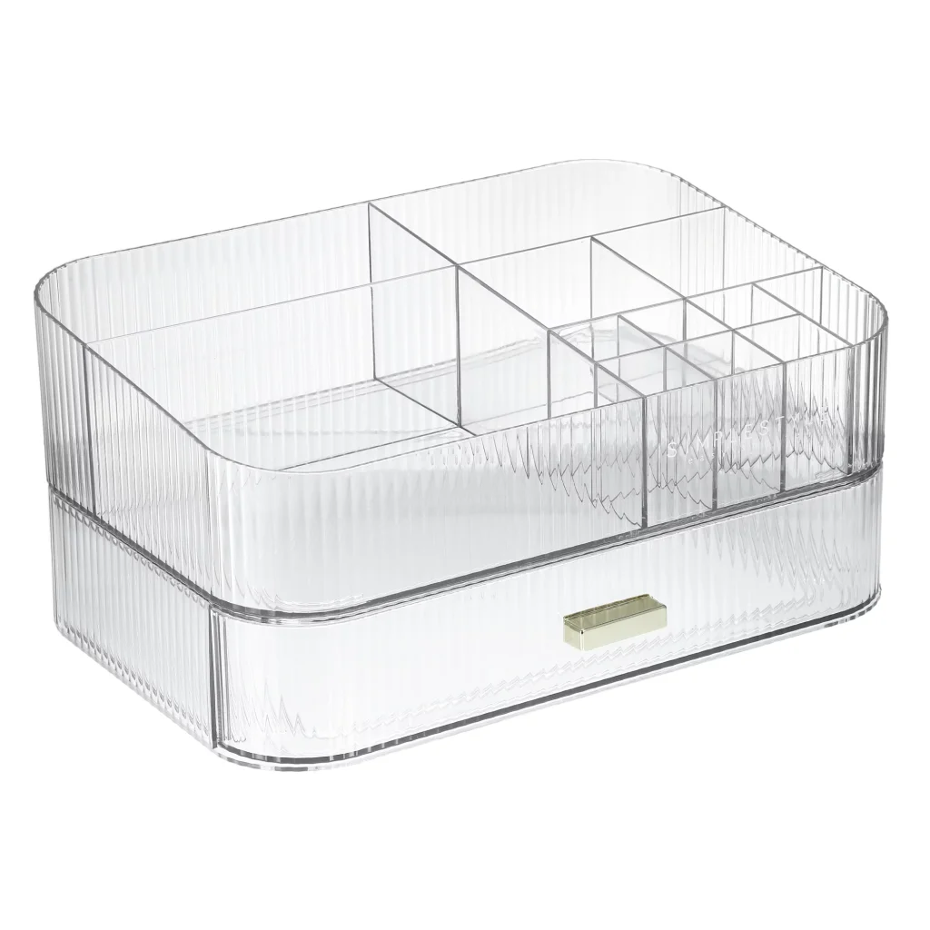 Vertical stackable containers for drawers, providing a space-saving and organized storage solution for a tidy and efficient drawer arrangement.