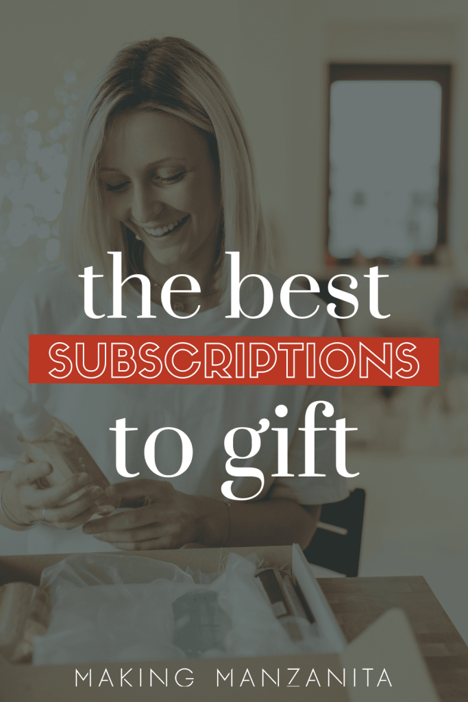 An image of a woman holding her gifts with text overlay that says "the best subscriptions to gift".