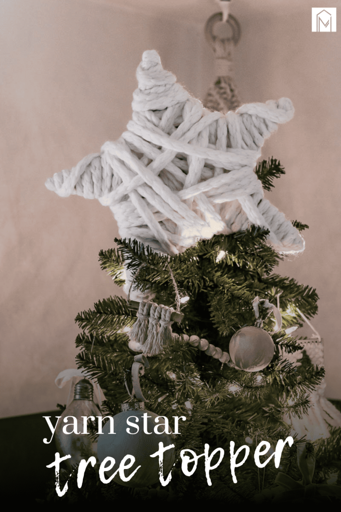 A Christmas tree topper made of yarn. With text overlays saying "yarn star tree topper".