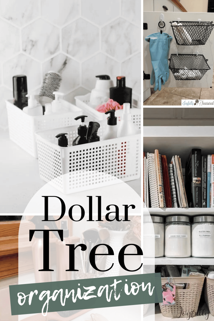 A collage photo of organization hacks from dollar tree with text overlays saying "Dollar Tree Organization".