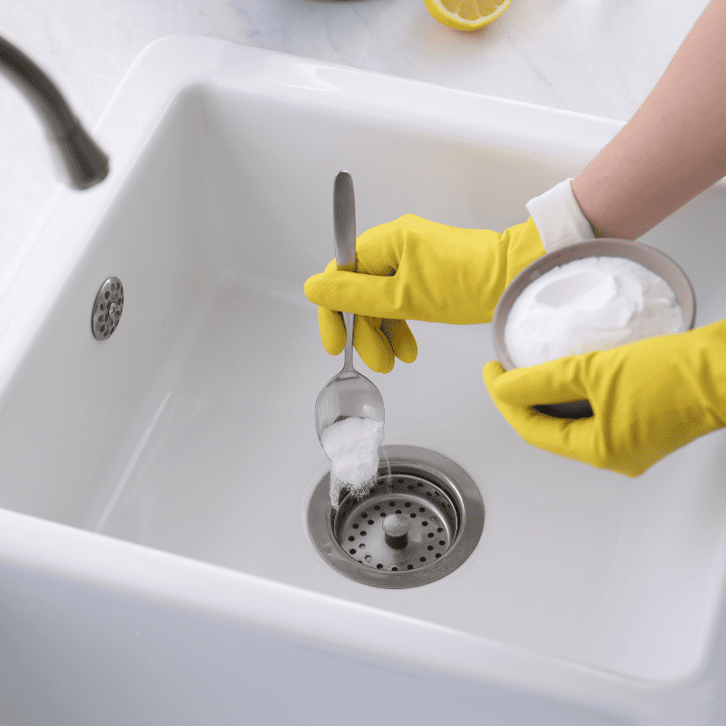 A person is using baking soda to clean the sink.