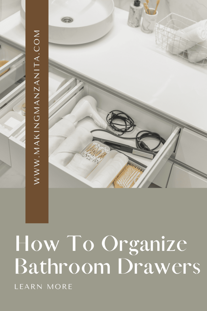 A meticulously organized selfcare drawer showcasing neatly arranged products, tools, and accessories with text overlay that says " How To Organize Bathroom Drawers".