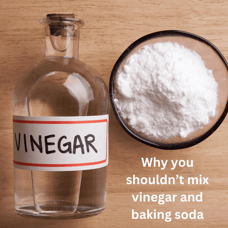 Photo of a vinegar and baking soda with text overlays saying "Why you shouldn't mix vinegar and baking soda".