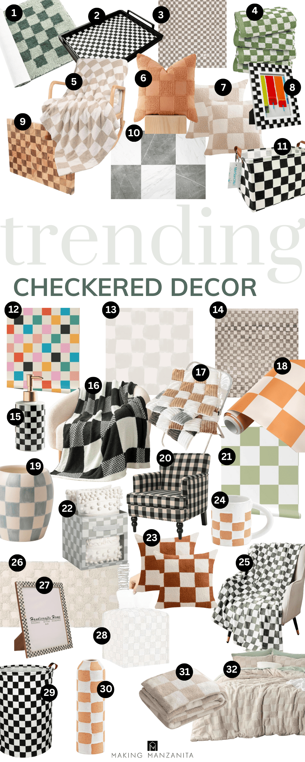 A collage of checkered decor products with text overlays saying "trending checkered decor."