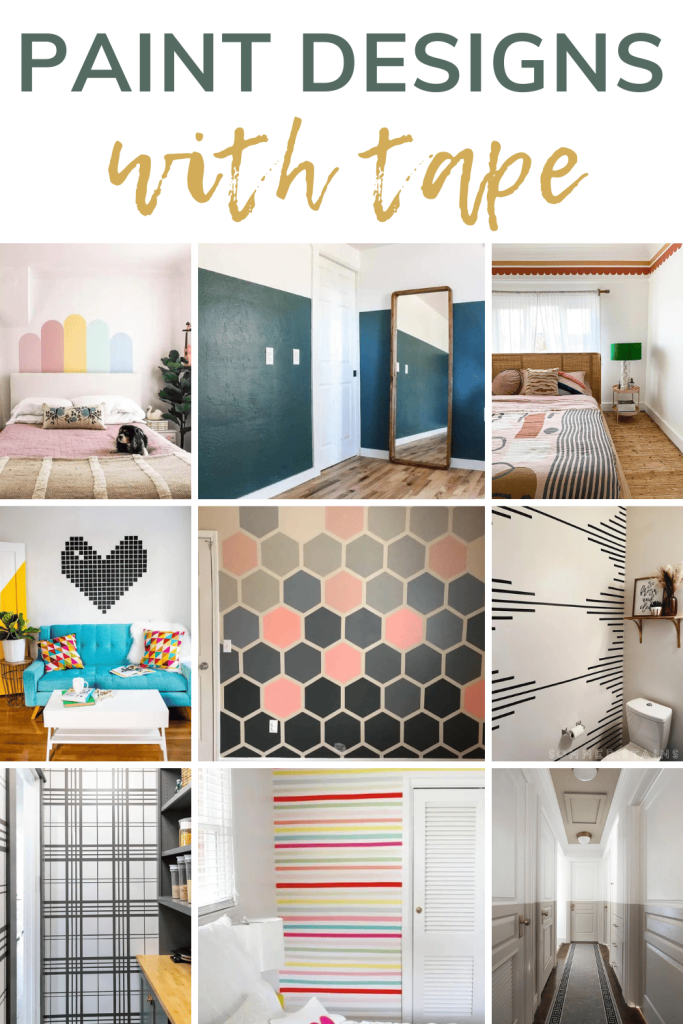 collage photo of paint design with text overylays saying "Paint Designs with Tape". 