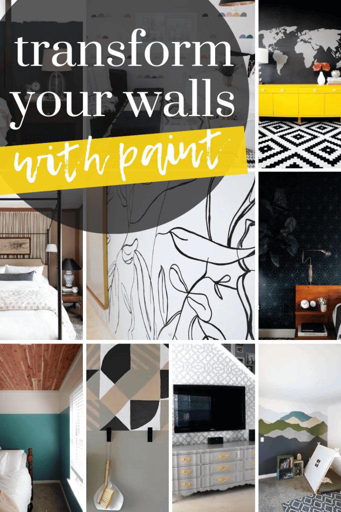 Collage photo of a painted wall with text overlays saying "transform your walls with paint".
