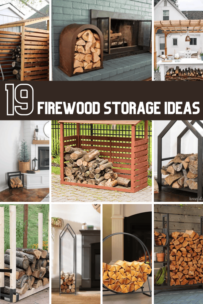 Photo collage of a firewood storage ideas. With text overlays saying "19 Firewood Storage Ideas."