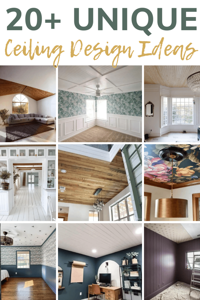 The photo is a collage featuring various ceiling designs. With text overlays saying "20+ Unique Ceiling Design Ideas".