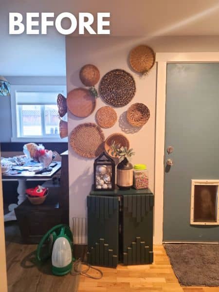 An image capturing a stylish wall arrangement featuring open shelves painted in a refreshing shade of green, serving as a pantry.