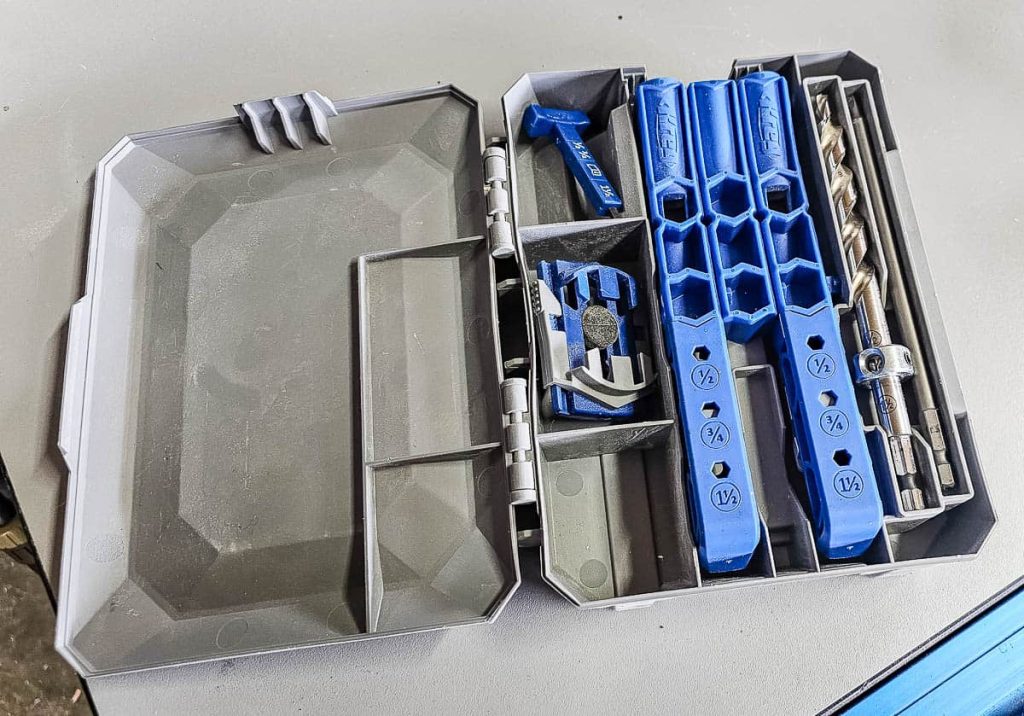 Photo of a fully equipped Kreg Pocket Hole Jig 320 kit, including a carrying case.