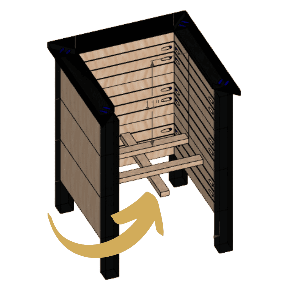 After assembling the sides to the legs, you add a slat to complete the planter box. An arrow is pointing on the slats inside a rendering of the planter. 