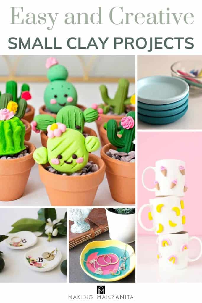 Collage photo of a small clay projects, with text overlays saying "East and Creative Small Clay Projects".