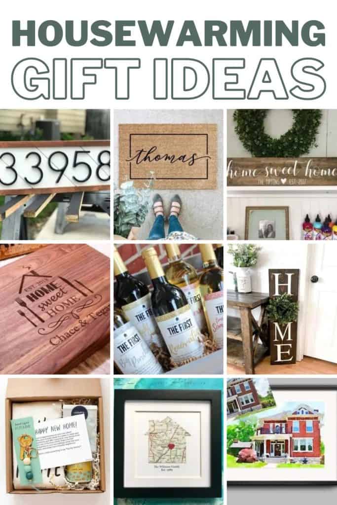 Collage photo of thoughtful gift ideas with text overlays saying "Housewarming Gift Ideas."