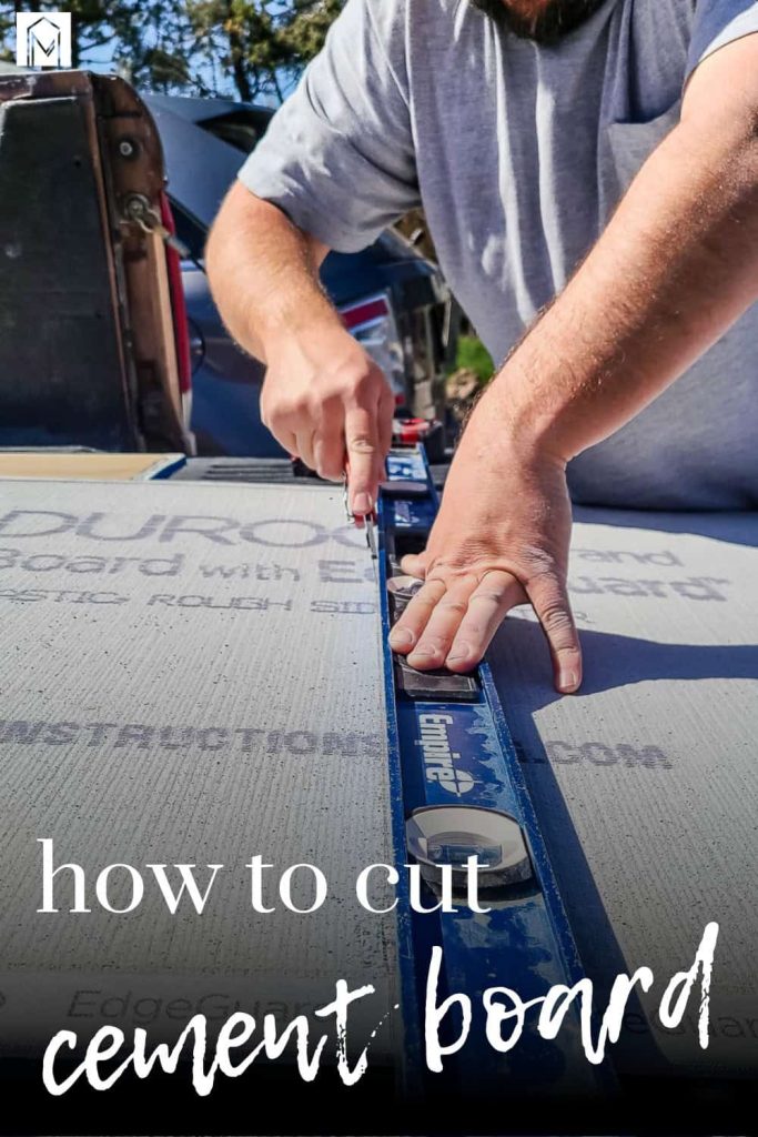 Photo of a man cutting cement board, with text overlays saying "How to cut cement board".
