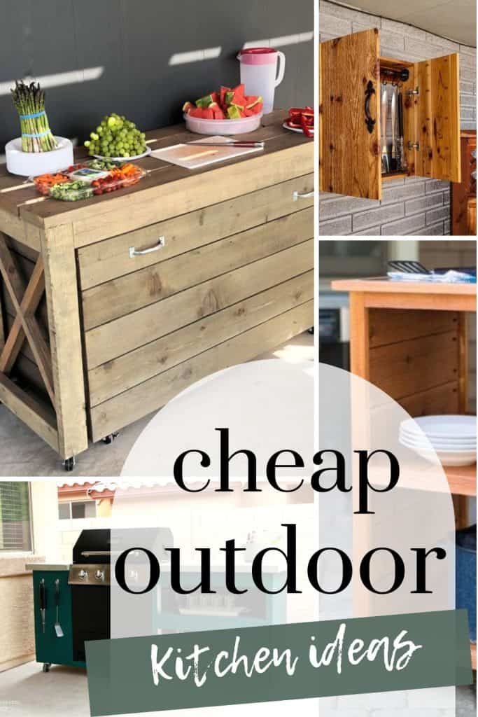 Photo collage of affordable outdoor kitchen ideas with text overlays saying "Cheap Outdoor Kitchen Ideas".