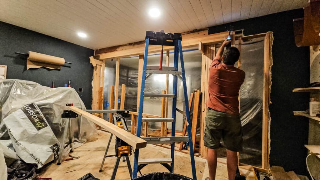 New header added into wall opening after removing load-bearing wall