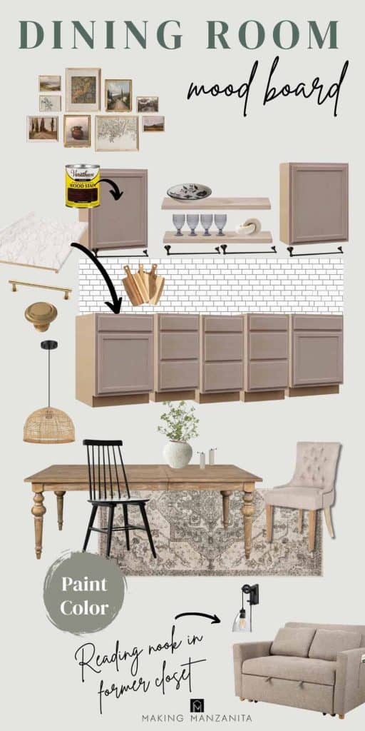 Collage with furniture and decor for a dining room in a transitional style with text overlay that says dining room mood board 