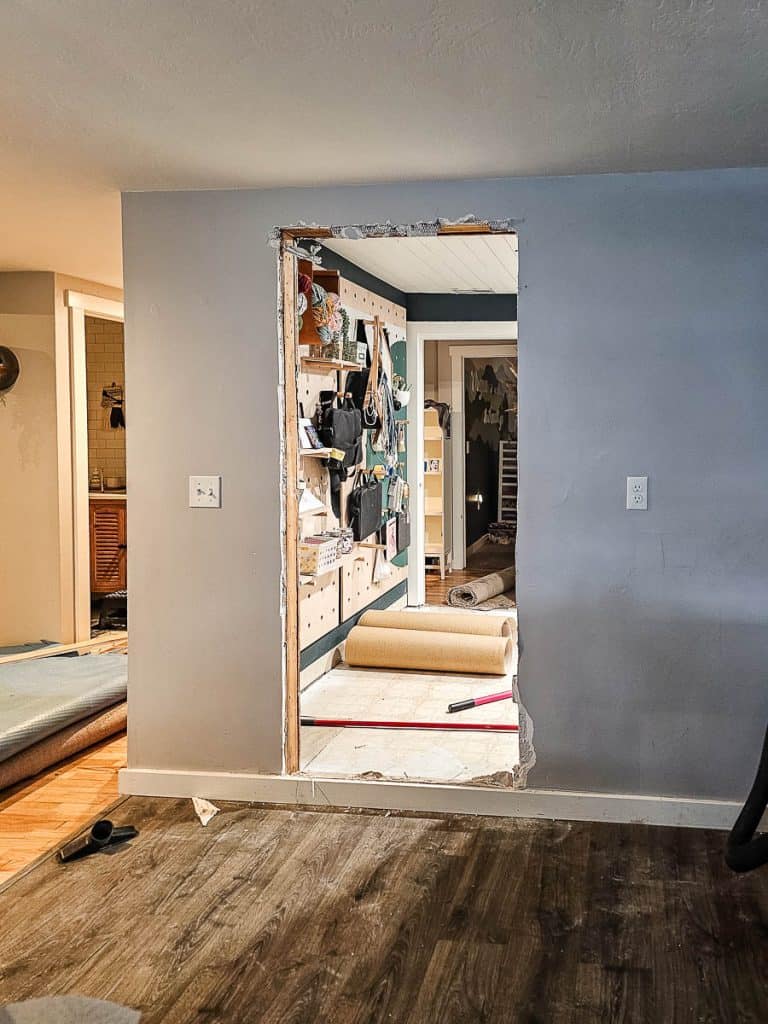 Opened up doorway in interior wall from office to kitchen 