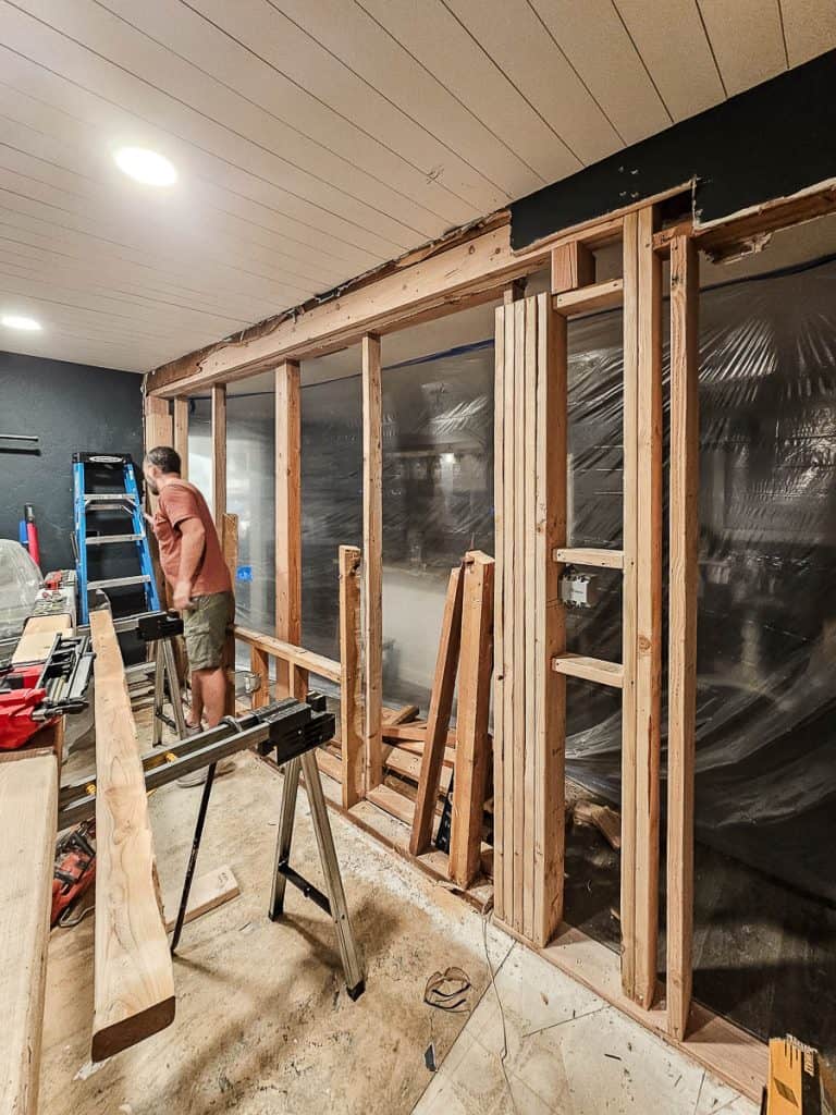 Temporary wall, bracing and framing, added during the installation process of adding header after removing wall
