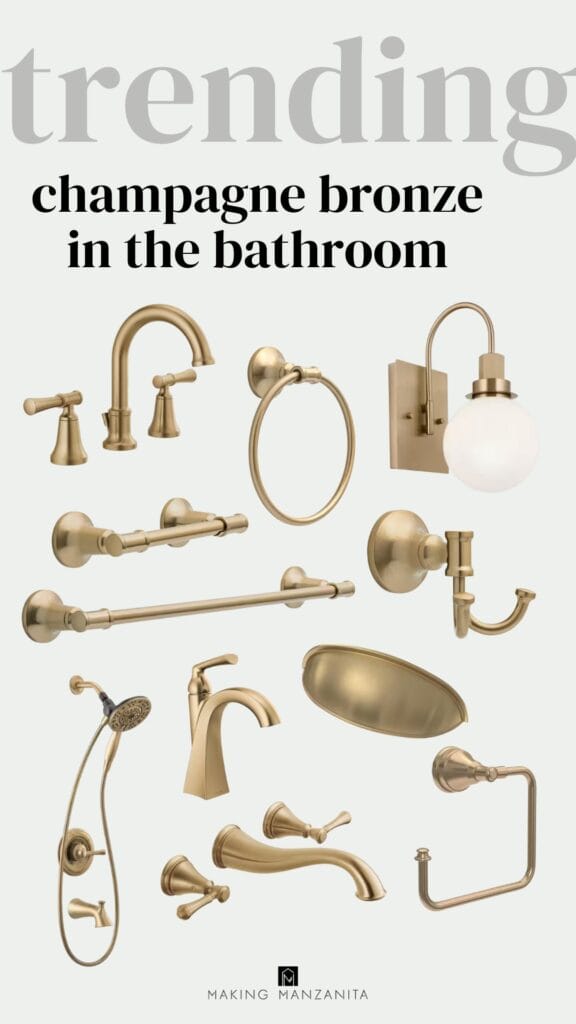 Collage of bathroom accessories and fixtures with a champagne bronze finish with text overlay that says Trending: Champagne Bronze in the bathroom