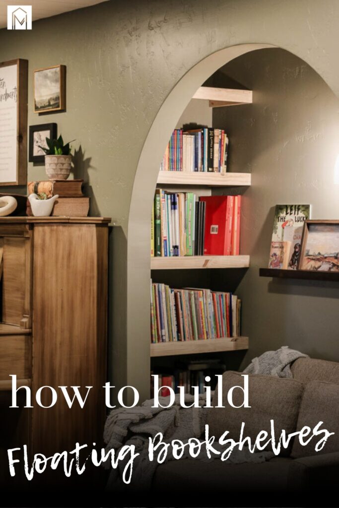 A photo of sleek, modern floating bookshelves in a cozy living room with a text overlay that reads 'How to Build Floating Bookshelves.'"