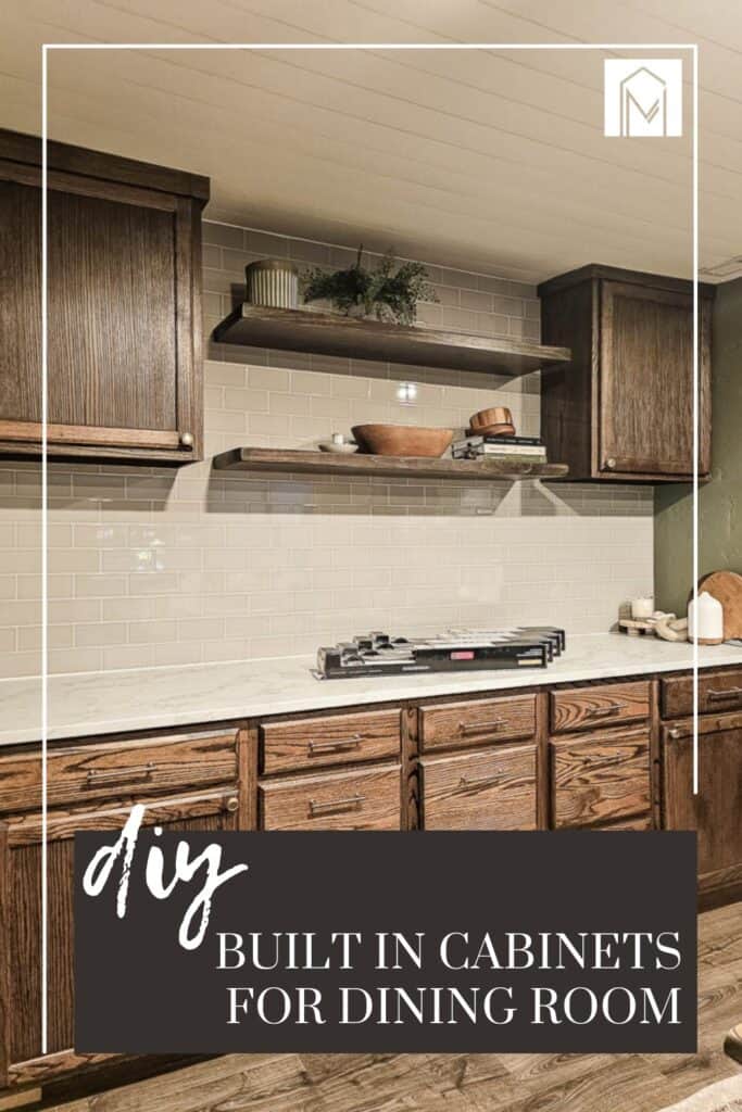 DIY Built In Cabinets for Dining Room Using Stock Cabinetry with text overlays saying "DIY built in cabinets for dining room".