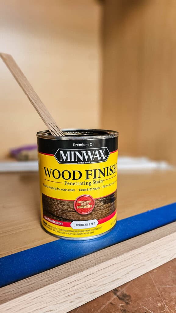 A can of Minwax wood finish used to stain a cabinet.