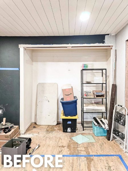 Closet during demolition phase of our dining room with the doors removed before it was turned into a cozy reading nook