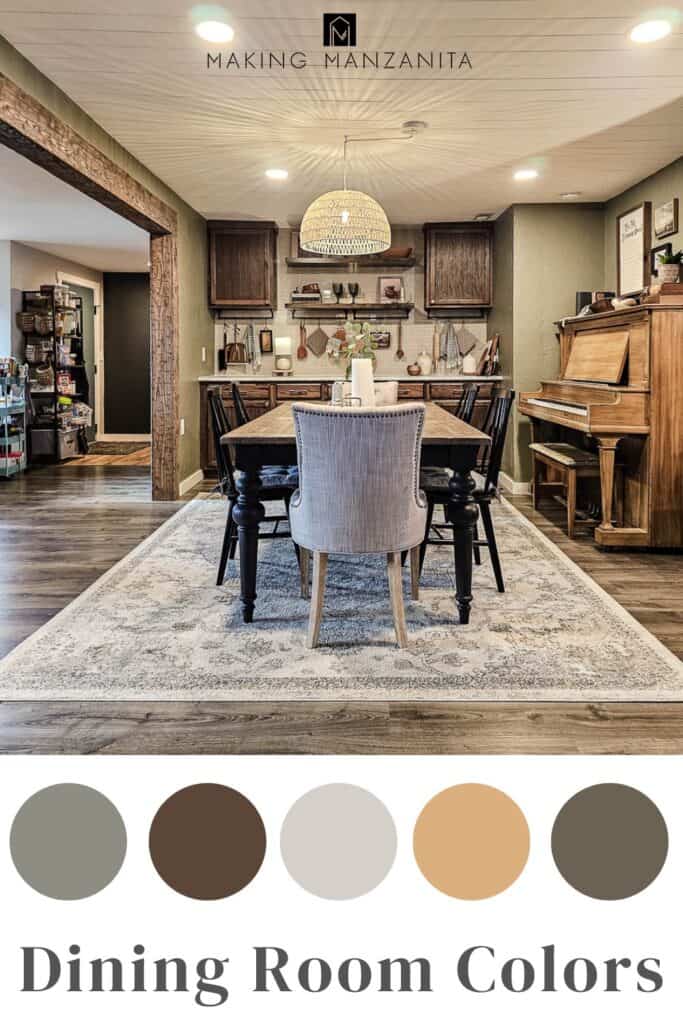 A color scheme of the reveal for a traditional-style dining room, featuring warm, classic tones like deep wood, rich neutrals, and subtle accent colors.