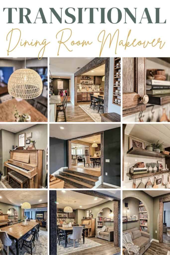 A collage photo of a transitional dining room makeover with text overlays saying "Transitional Dining Room Makeover."