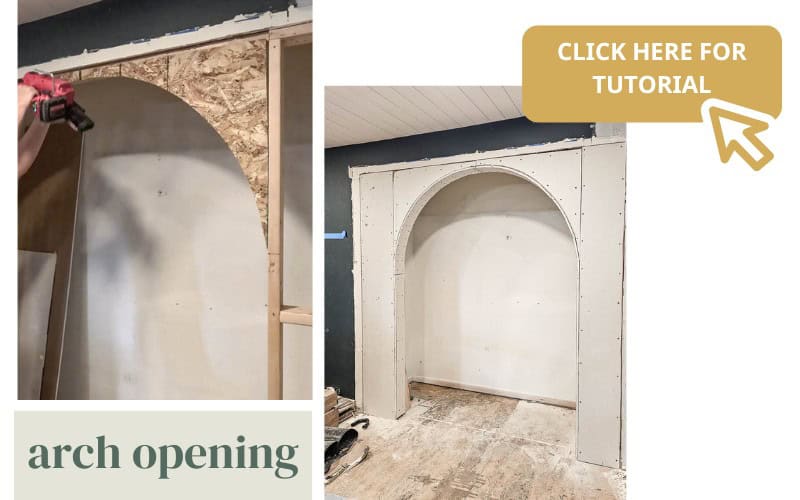 A before-and-after photo of creating an arched opening in a reading nook.

