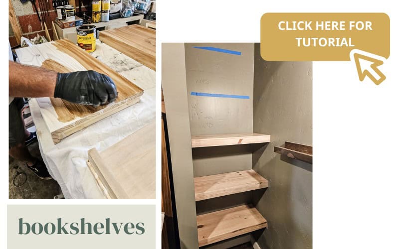 A before-and-after photo of building floating bookshelves for a reading nook.