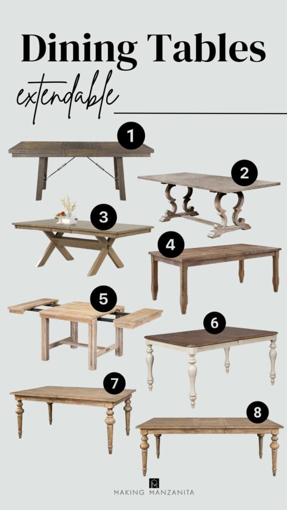 Photo collage of 8 different options for extendable dining room tables 