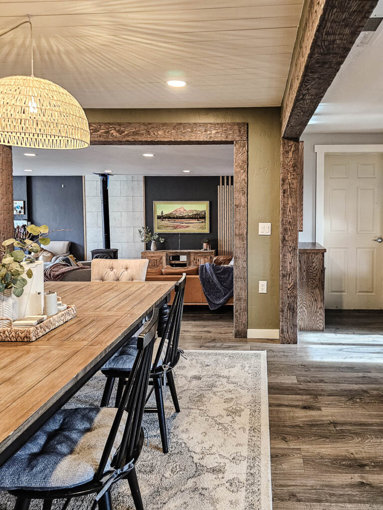 Authentic looking faux wood beams around openings in open concept