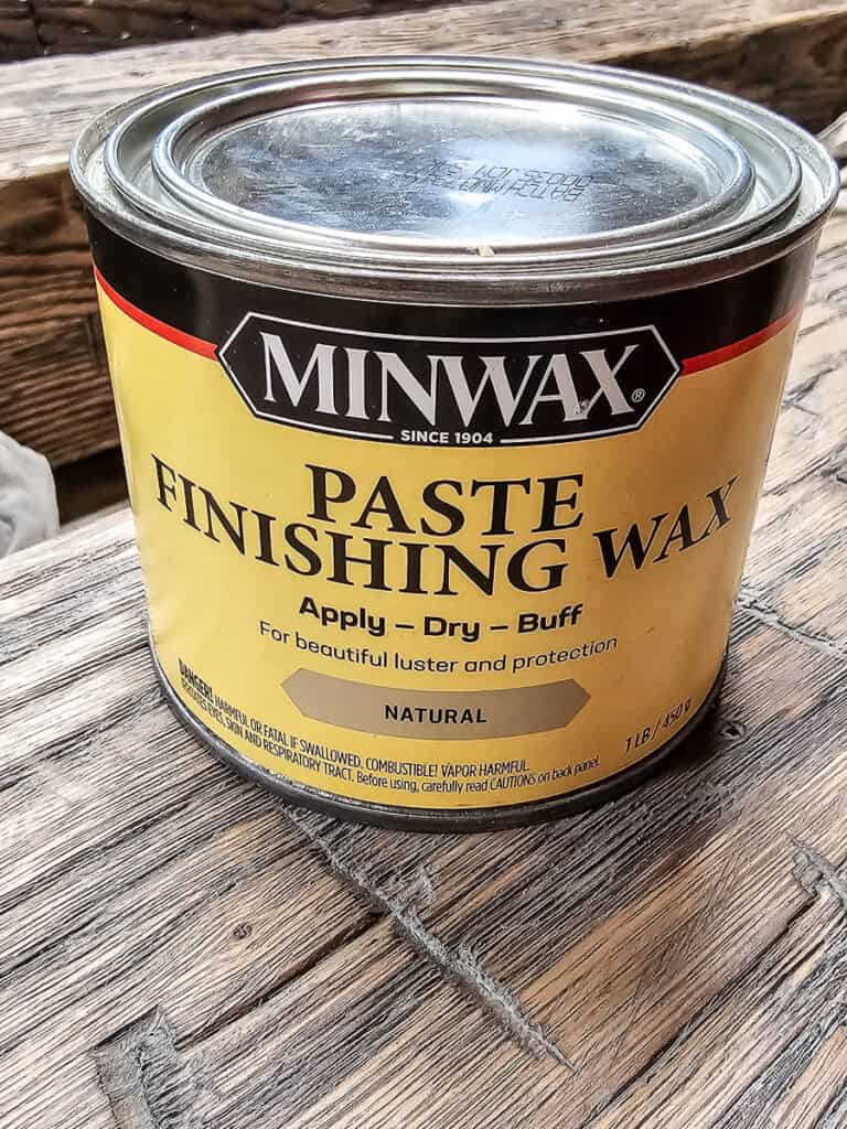 Can of Minwax paste finishing wax in natural color to be used to finish fake wood beams with matte finish and protection 
