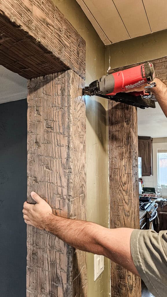 Using finish nail gun to attach fake wood beams 