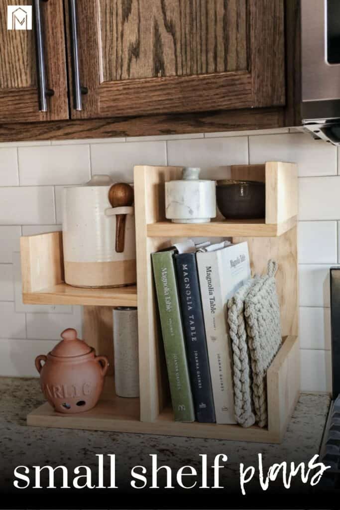 A photo of small bookshelf with text overlays saying "small shelf plans".