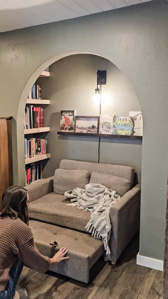 Perfect small sofa for reading nooks or any other small space with a pull out footrest 
