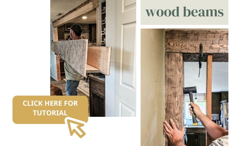 A before-and-after photo of building DIY faux wood beams as part of a transitional dining room makeover.