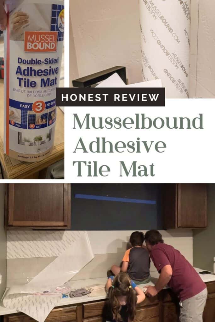 A photo collage of Musselbound Adhesive Tile Mat featuring a man and children applying it, with text overlays that read 'Musselbound Adhesive Tile Mat.