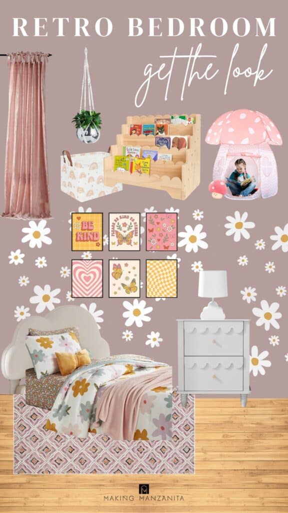 Digital mood board featuring a retro-inspired girl's bedroom design with pink walls, floral bedding, scalloped furniture, and 70's style decor. A text overlay reads 'Retro Bedroom – Get the Look,' highlighting the fun and girly aesthetic with curated furniture and accessories.