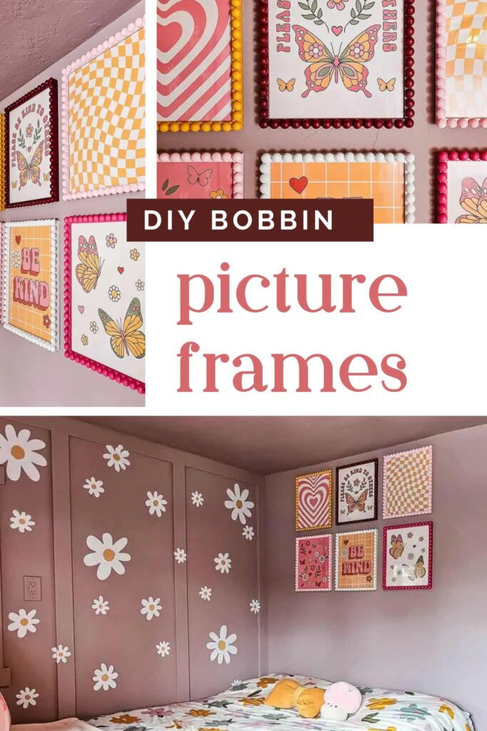 Collage photo of a bobbin picture frame with text overlays saying "DIY Bobbin picture frames".